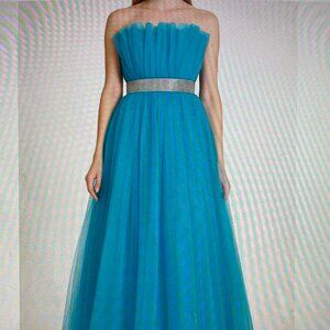 Size Zero, Turquoise, Strapless Tulle Prom Dress with a Belt of Rhinestones.